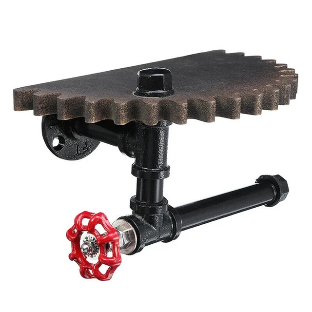 Scaffale in legno industriale vintage con staffa per tubi e supporto a rullo per arredamento casa
