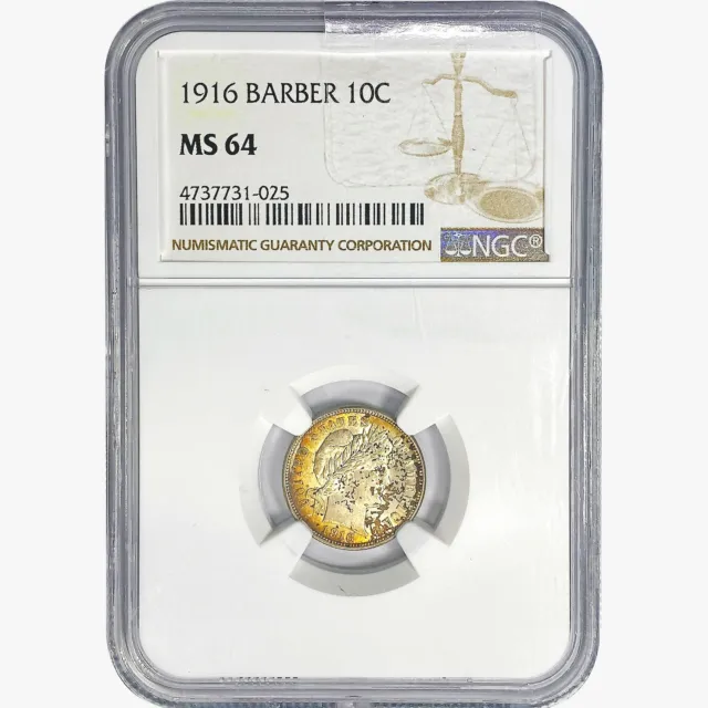 1916 Barber Dime Coin NGC MS64