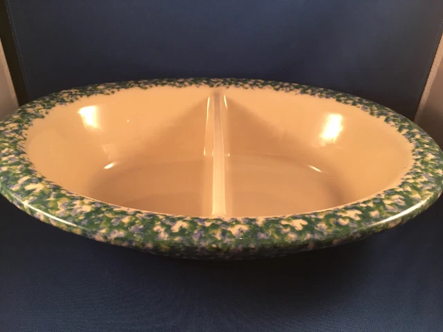 Roseville Spongeware Oval Divided Dish Stoneware Roseville USA Gerald Henn