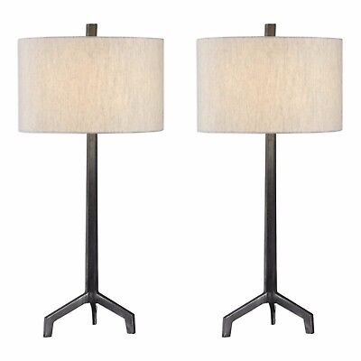 Pair Urban Industrial Textured Cast Iron Table Lamp Raw Steel Burnished Aging