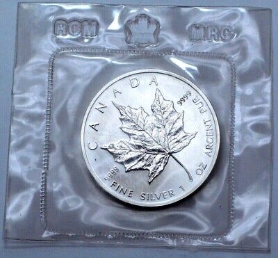 1989 Canadian Maple Leaf Coin,1 Oz 9999 Silver Round UNC 5 Dollars Sealed by RCM