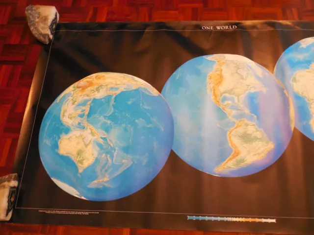 One World Poster Wall Map, Topographic, Raven Maps, 36"  X 64", 1990! 2