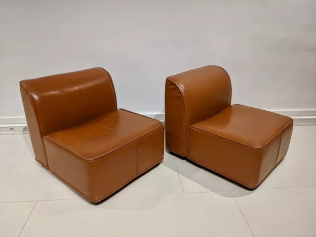 pair of leather armchairs in camel colour / Paire de fauteuils en cuir camel