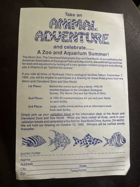 SEAWORLD Visitor's Animal Adventure Contest Ohio Geauga Lake Vintage Rare