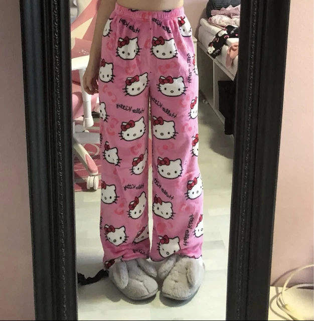 Fashion HelloKitty Pajamas Black Pink Anime Flannel Women Warm Home Pant  Autumn