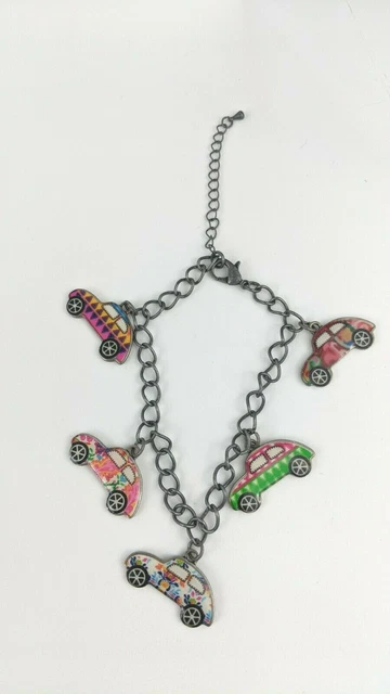 5 VW Bug 1 1/8" x 1/2" Colorful Charms Bracelet 8.75" - 11" Volkswagen Bug
