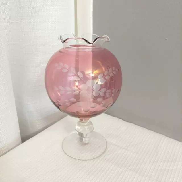 Vtg Etched Pedestal Rose Bowl Vase Ruby Pink Glass Flower Ruffle Edge Accent