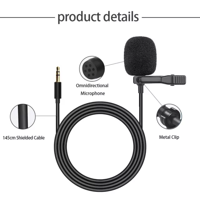 Clip On Lapel Microphone Wired Condenser Mini Lavalier Mic 3.5mm Hands Free Jack