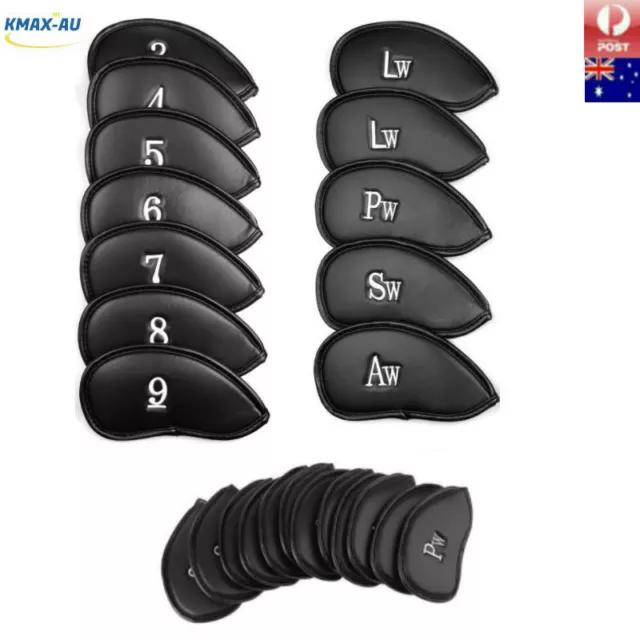 12pcs Black Set PU Leather Golf Head Covers Iron Club Putter Protective