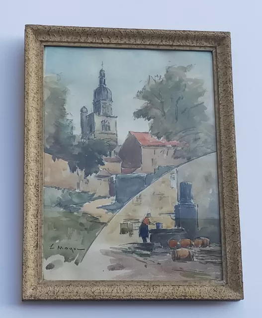 Léon Moyse (1873-1955) Tableau aquarelle village de campagne