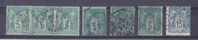 France Lot de 7 Timbres Type SAGE oblitérés Cachet GARE - Scan recto / verso