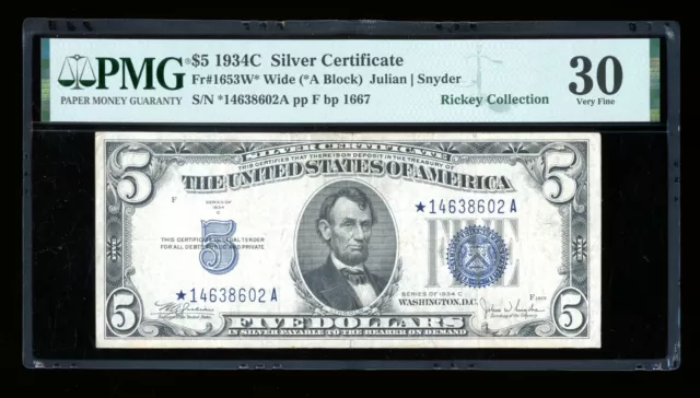 DBR $5 1934-C Silver STAR Fr. 1653W* Wide PMG 30 Serial *14638602A