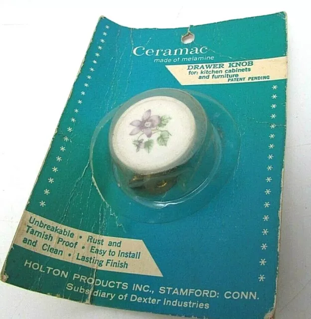 Rare Vintage Ceramac White Melamine Cabinet Drawer Pull Knob NOS Violet Flower