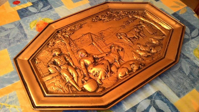 Antiguo Cuadro De Cobre Repujado Con Bonita Escena Pastoral 3