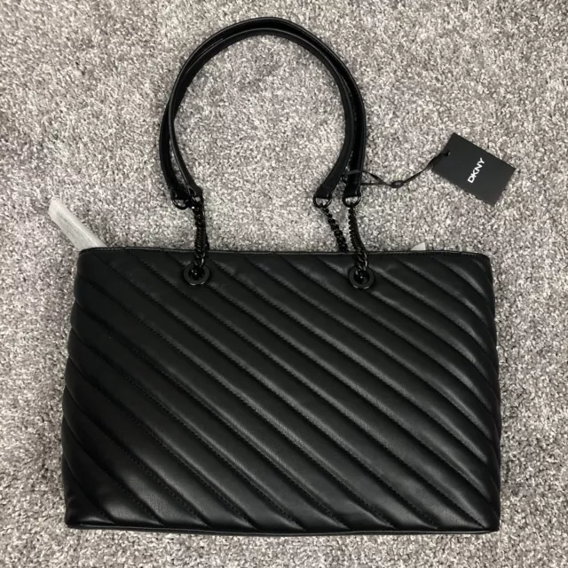 DKNY VERONICA TOTE Womens Black Leather Quilted Diagonal Chain