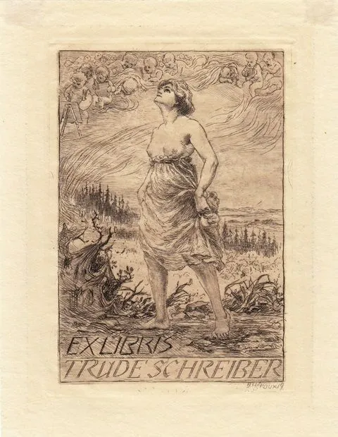 Exlibris Bookplate Radierung Bruno Héroux 1868-1944 Weiblicher Halbakt Putti Akt