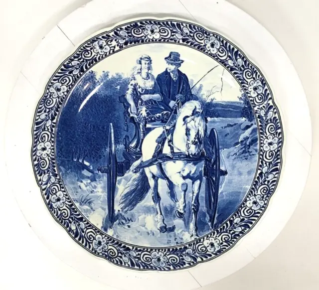 Delft Royal Sphinx Blue & White Plate Charger Horse & Carriage 15 3/4" Holland