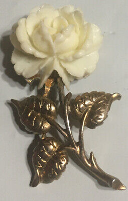 Vintage 70’S White Plastic 3D Rose Flower Pin Brooch Lapel Signed Jj