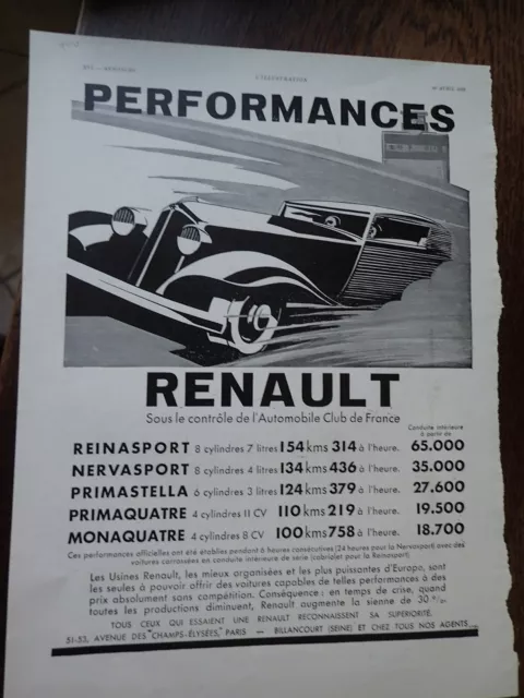 RENAULT performances automobile 100+ MOBILOIL publicité papier ILLUSTRATION 1933