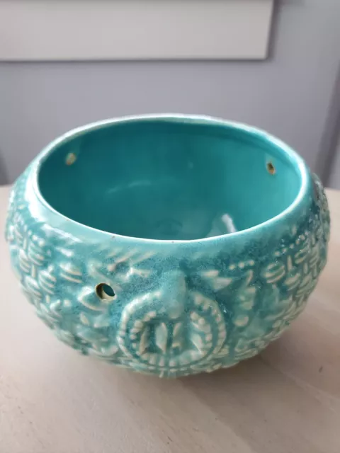 Vintage McCoy Pottery Ceramic Hanging Planter Teal Blue Aqua Basket Weave