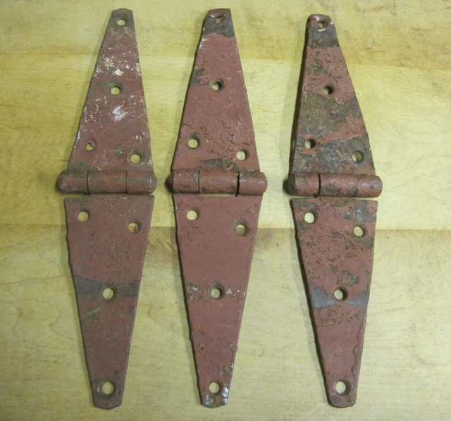 Lot of Antique Vintage 12" Barn Gate Shed Door Hinges -Old Worn Red Paint & Rust