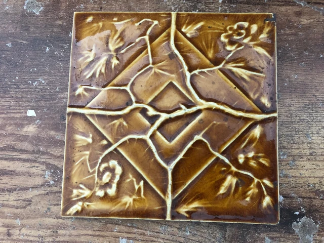 Vintage ART NOUVEAU Ceramic Brown Glazed Tile Flowers Branch Diamond embossed #1