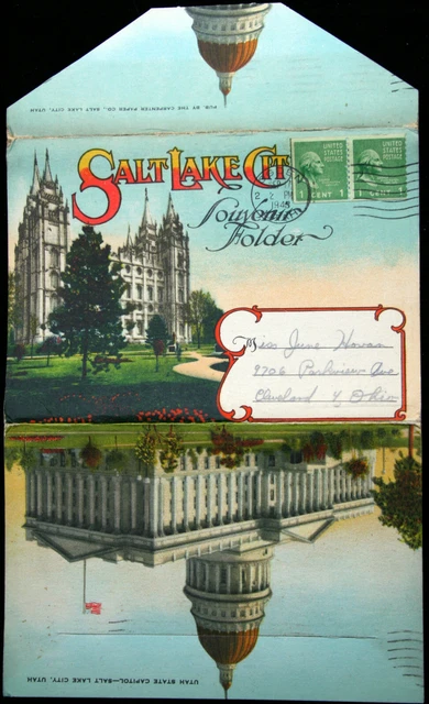 vntg color litho POST CARD fold-out SALT LAKE CITY SOUVENIR FOLDER posted