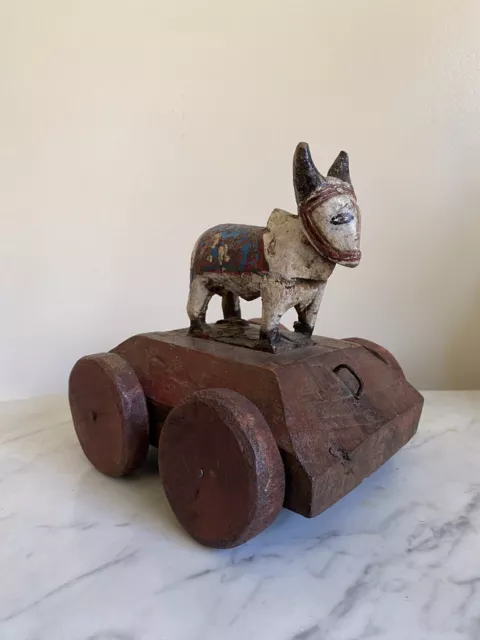 Antique Hand Carved Wooden Nandi Cow On Wheels