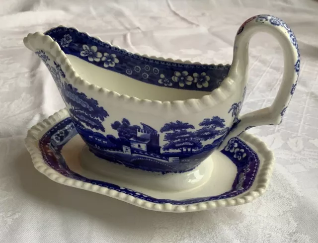 Spode's Tower Blue Copeland England Gravy Boat Attached Under Plate Ex Cond