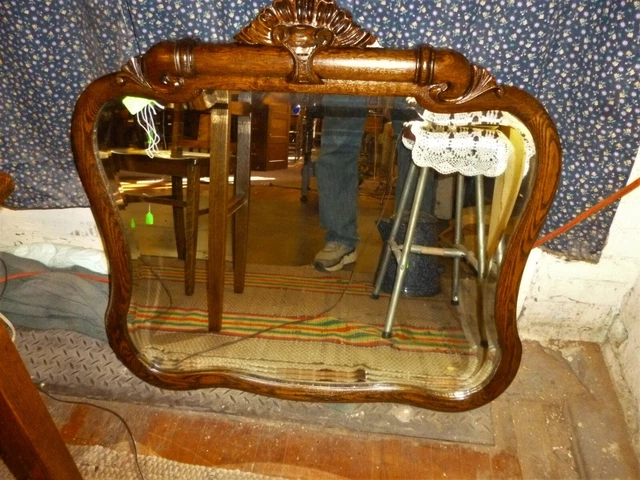 Antique Oak Frame Mirror beveled glass refinished 1900's shaped mirror