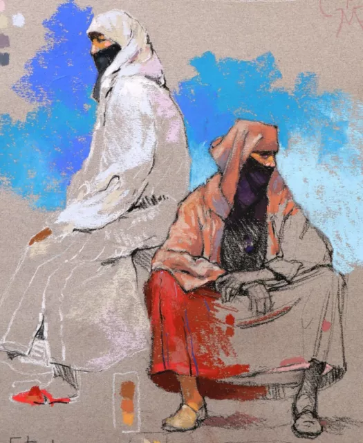 Dessin pastel tableau encadré orientaliste femmes Essaouira Maroc Patrick MARTIN 2