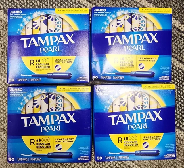 *4 BOXES BULK LOT* (200 ct.) Tampax Pearl Tampons JUMBO PACK Regular Absorbency