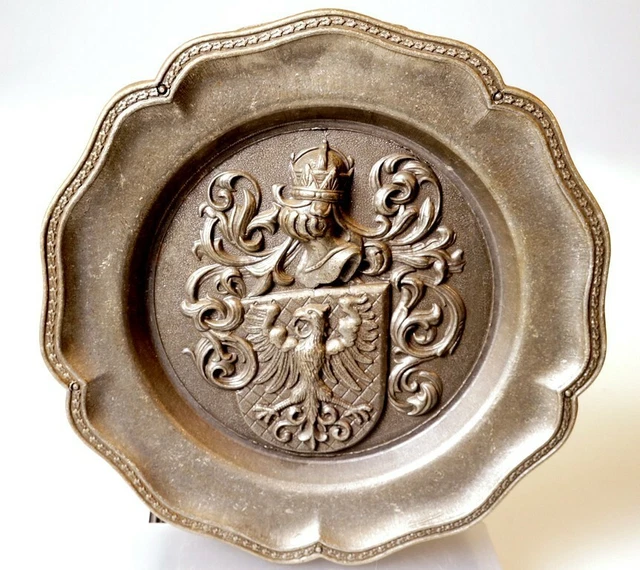 Antique Spain Shield Pewter Plate embossed with crown and knight helmet # 01 Antique Spain Shield Pewter Plate embossed with crown and knight helmet # 01