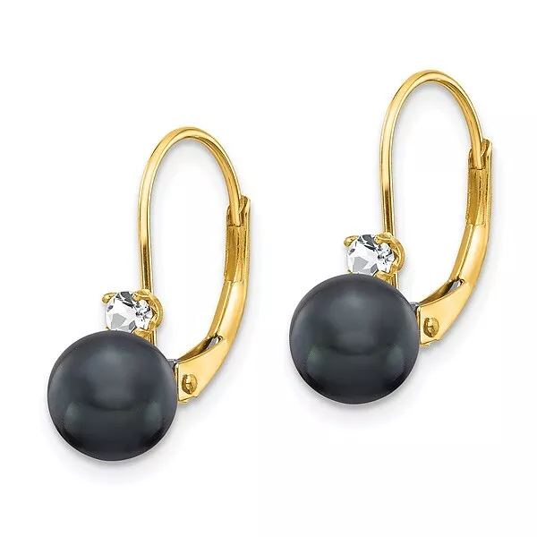 14K Yellow Gold 6 7mm Black Freshwater Cultured Pearl Diamond Leverback Earrings