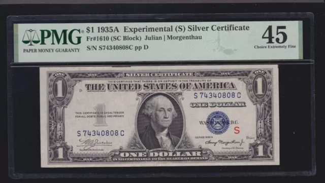 US 1935A $1  Silver Certificate Experimental 'S' FR 1610 PMG 45 Ch XF (808)