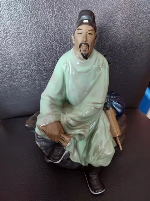 Chinese Shiwan Pottery Mudman Part Glazed Large Figurine Sitting Man On Bolder