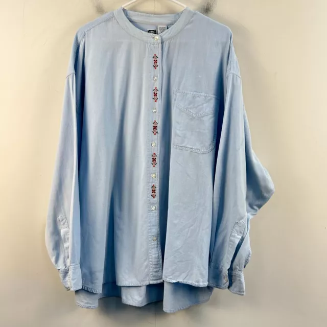 Futures Womens 30 Blouse Top Blue Woven Cotton Embroidered Button L/S 16944