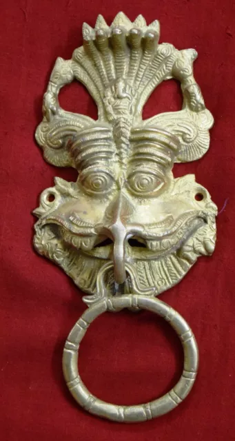 Brass Tribal Face Knocker With Snake Crown And Long Mustache Door Bell Ring RD15