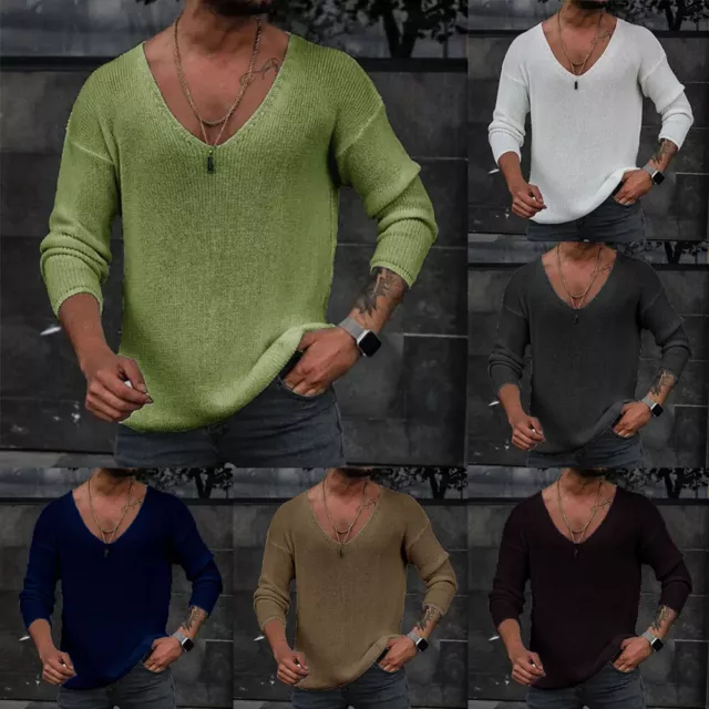 Maglione Lavorato A Maglia Con Scollo A V Profondo Da Uomo Usa Top Casual ☽