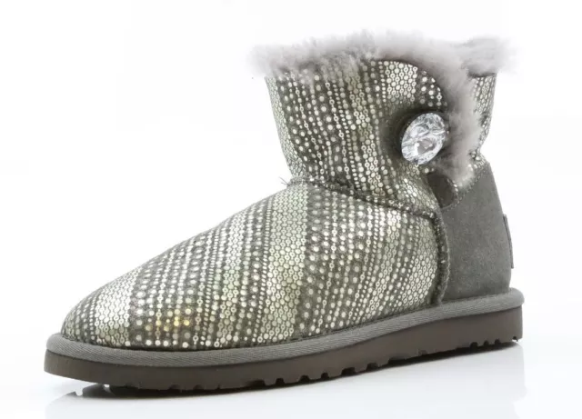 Women's UGG Mini Bailey Button Bling Taupe Grey Boots 14726* Size 5