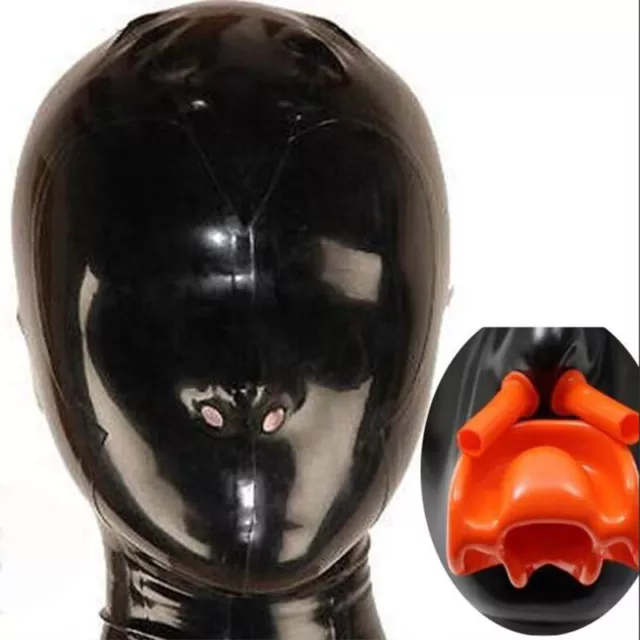 Latex Hood with Red Teeth Gag and Nasal Tubes Back Zipper Rubber Fetish Mask