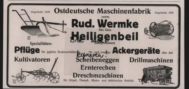 HEILIGENBEIL, Werbung 1918, Rud. Wermke AG Maschinen-Fabrik Acker-Geräte