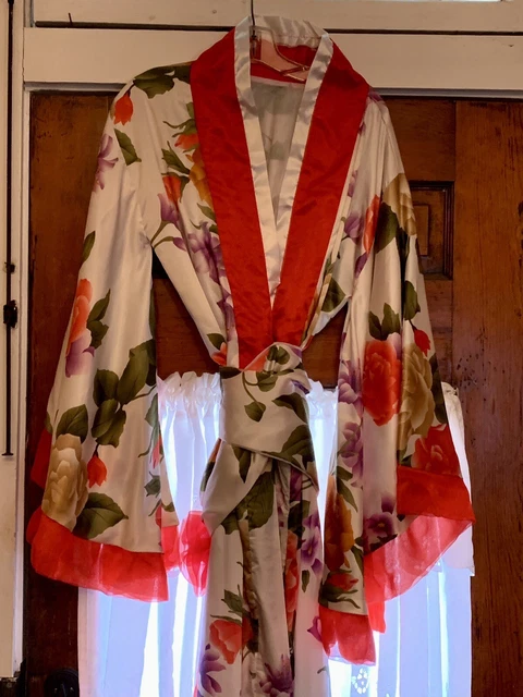 Vintage Asian Kimono Robe Red Floral Rayon Japan Made Bright Colors OS
