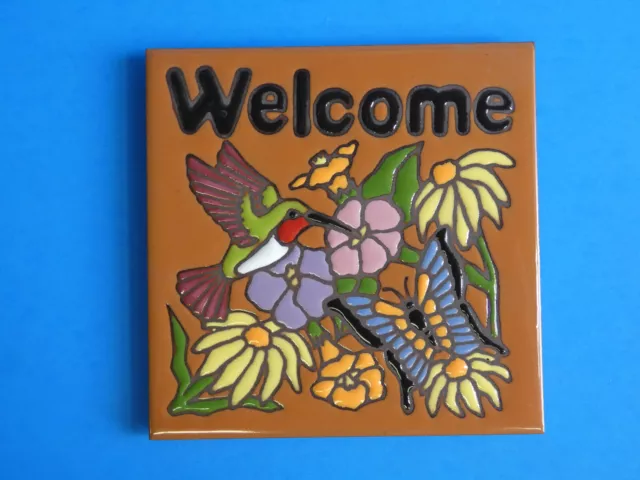 Ceramic Art Tile 6x6 Colorful Flowers Hummingbird Butterfly Wecome Trivet N69