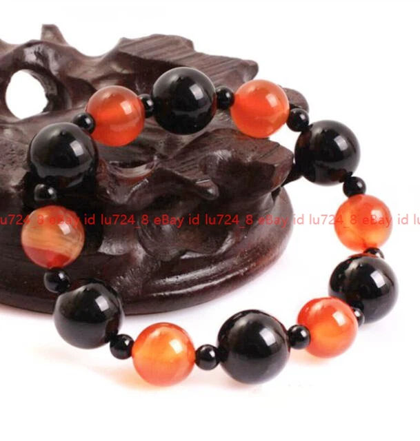 Natural 4-10mm Red Black Agate Round Gemstone Beads Elastic Bracelet 7.5'' AAA