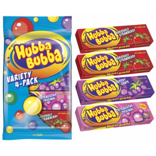 Hubba Bubba Variety Bubble Gum 4 pack  5 pieces each scrumptious, soft, squishy