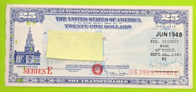 Jun 1948- $25 US Savings Bond Series E Independence Hall Philadelphia Punch Card