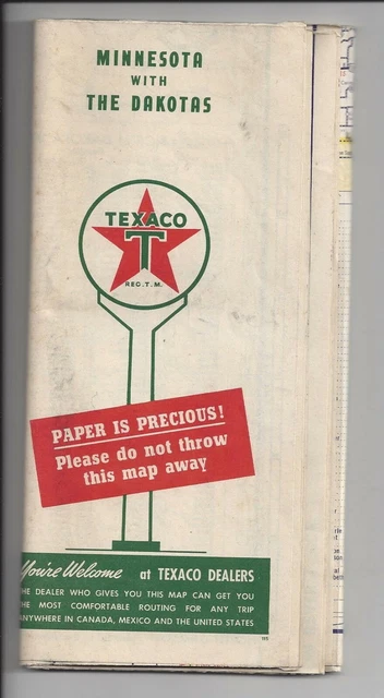 Vintage Original 1940's Texaco Gasoline Road Map of Minnesota & The Dakotas