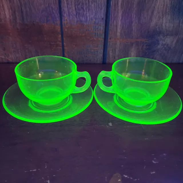 Uranium Glass Tea Cups w/ Saucers - Green Glow depression Glass