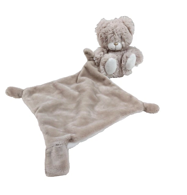 Doudou peluche ours fourrure marron gris TEX Baby mouchoir marron blanc attache